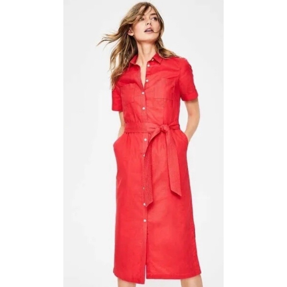 Boden Sz 6R Red Linen Cotton Blend Tie Waist Midi Shirt Dress Short Sleeve
